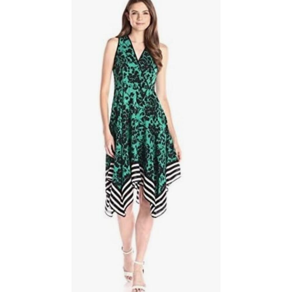 Shoshanna floral stripe border print emmy silk faux wrap sleeveless midi dress 2